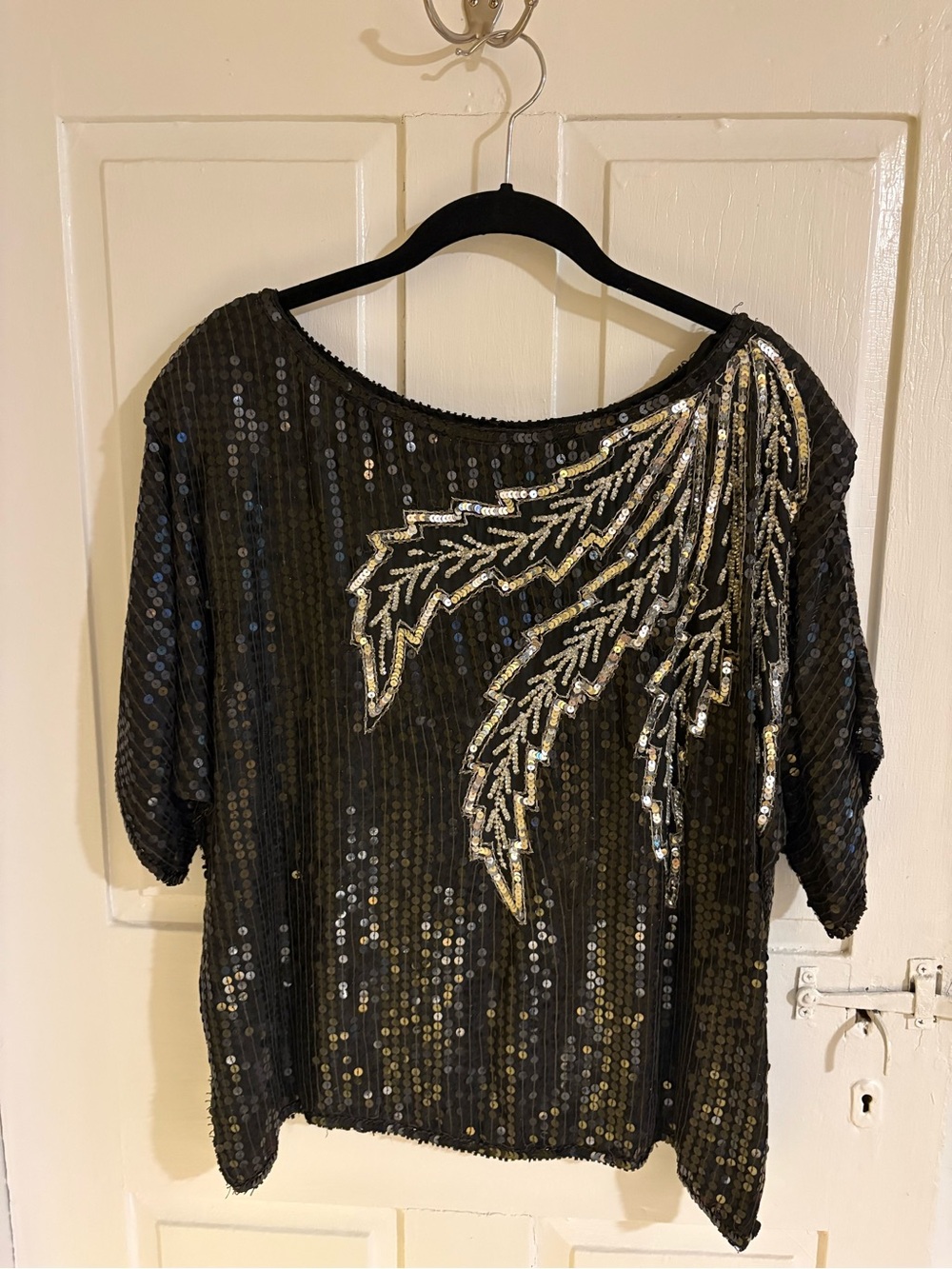 Black Sequin Embellished Women's Top with Silver Beaded Detail